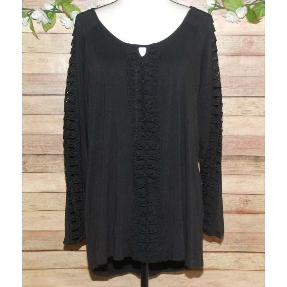 Shannon Ford Women's Black Blouse Top Size 2X Long Sleeve Stretch Open Weave